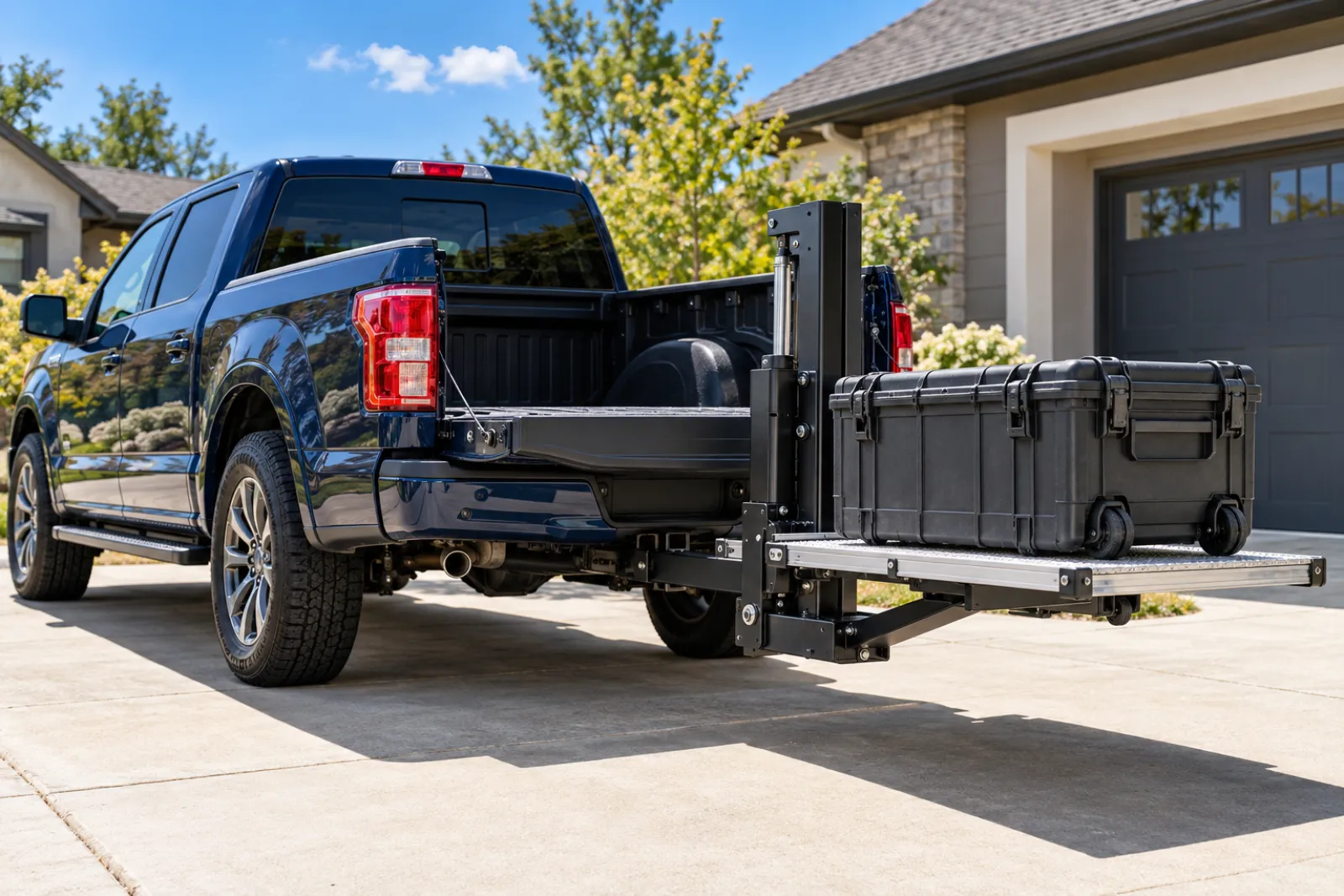 Removable hitch-mounted liftgate on a pickup truck lifting a mower to bed height