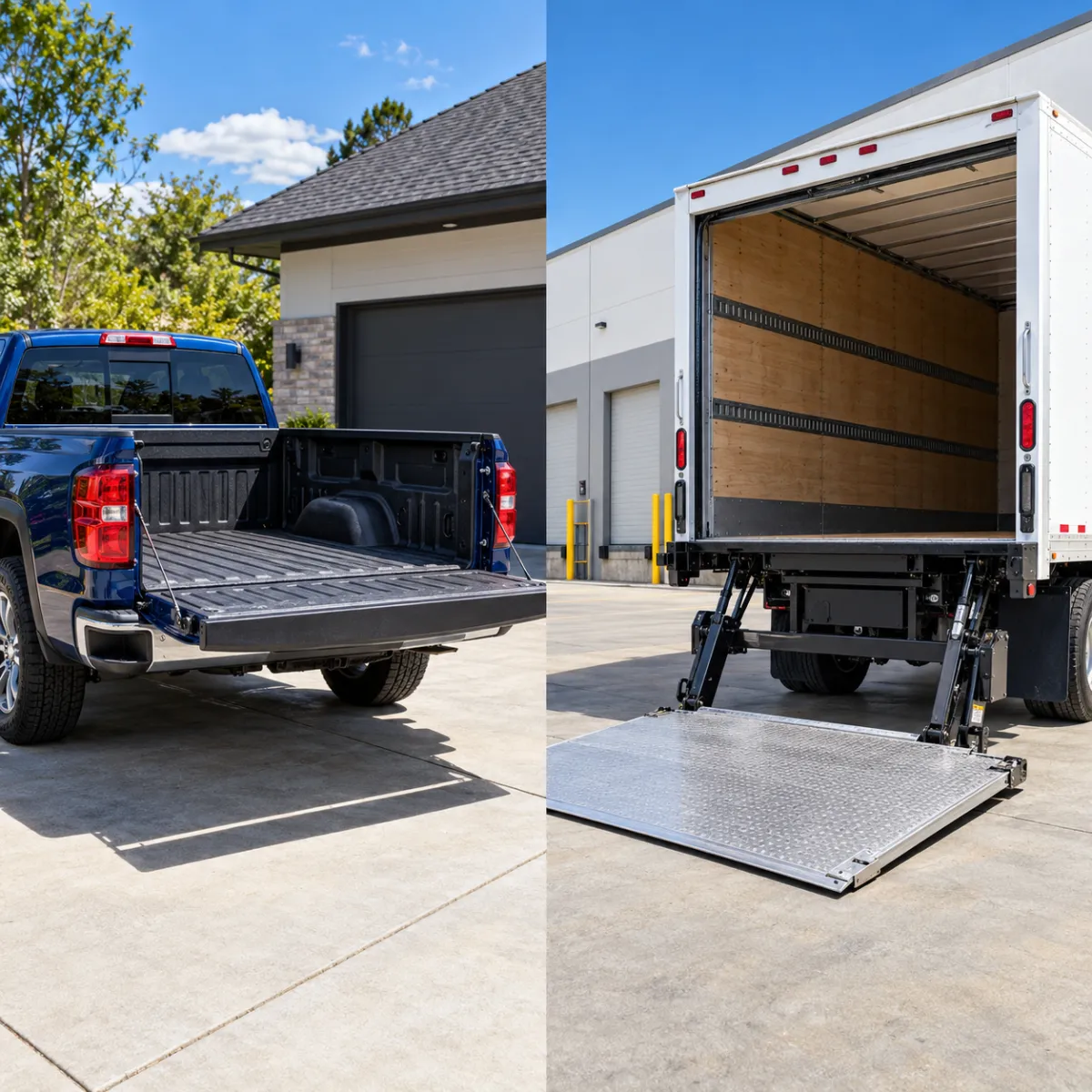 Pickup truck tailgate next to a powered truck liftgate platform