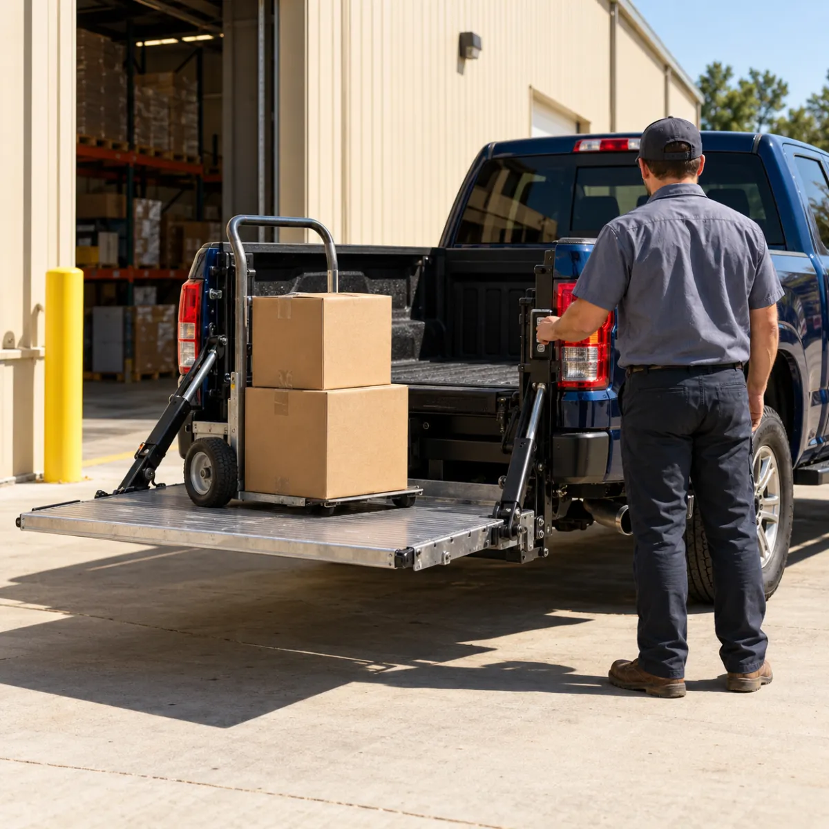Contractor loading a generator onto a pickup truck lift gate